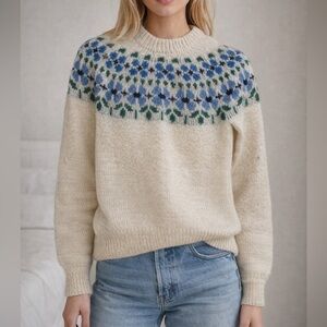 Aristos Handmade  Alpaca Wool Fair Isle Sweater | Cream Blue Green Small